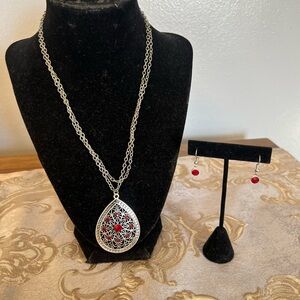 Gothic Red & Silver Necklace & Earring Set